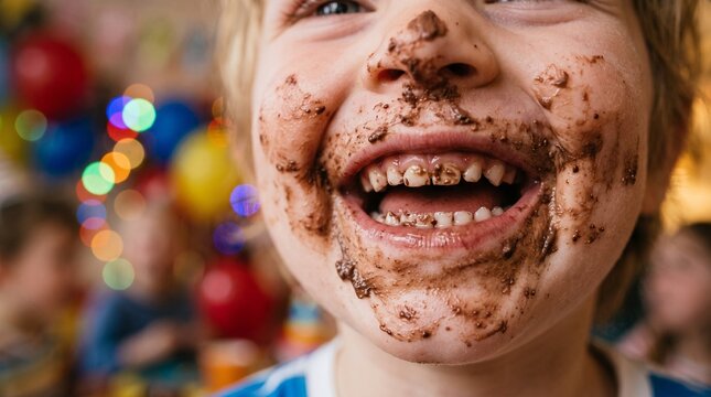 Joyful Brazilian child with chocolate smeared face celebrating Children's Day with authentic fun and snacks brazilian spring atmosphere