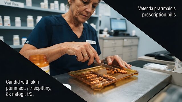 Pharmacist counting prescription pills on a counting tray in a pharmacy
