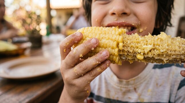 Joyful Brazilian child with messy face and hands eating corn on the cob, celebrating Children's Day brazilian spring atmosphere