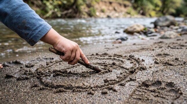 Brazilian child drawing circles in sand with a stick by a river on Children's Day brazilian spring atmosphere