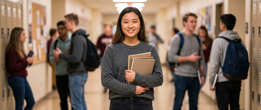 . Portrait of a happy Asian female student holding books in a busy high school hallway. Blurred college students in the background