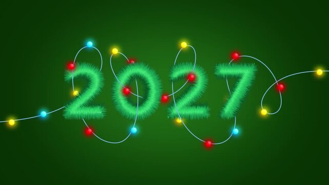 Horizontal 4K video. Loop animation. Spruce branches, tinsel in shape of text 2027, Fluffy bold numbers 2, 0, 7, glowing Christmas and New Year garland with red, blue, yellow bulbs on green background