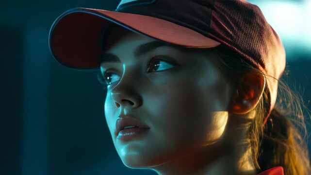 Young woman wears cap. Soft light highlights her face. She gazes upward thoughtfully. Background is dim and blurred. Expression suggests focus or contemplation. Scene evokes quiet determination