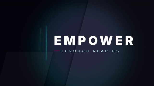 Motion graphics title card displaying Empower Through Reading with a glowing book icon on a dark abstract background