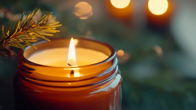 A single lit candle surrounded by pine cones and Christmas decorations. Warm and festive atmosphere.