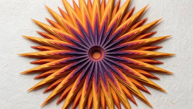 Layered paper starburst sculpture in vibrant orange and purple hues on textured white background