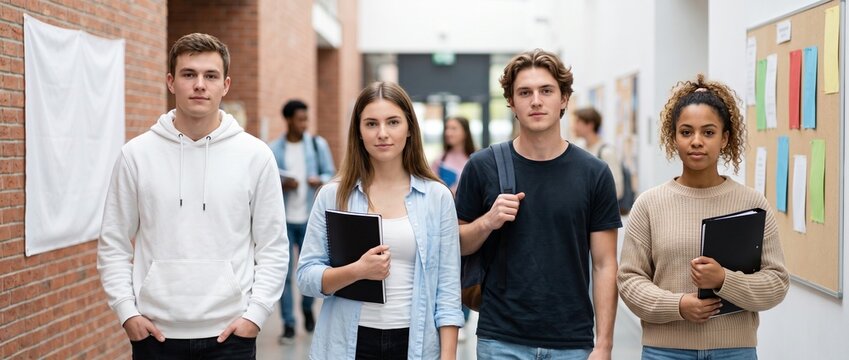  Portrait of a diverse group of confident college students walking together in a modern university corridor. Education and academic success concept. , Back to school lifestyle and educational bg