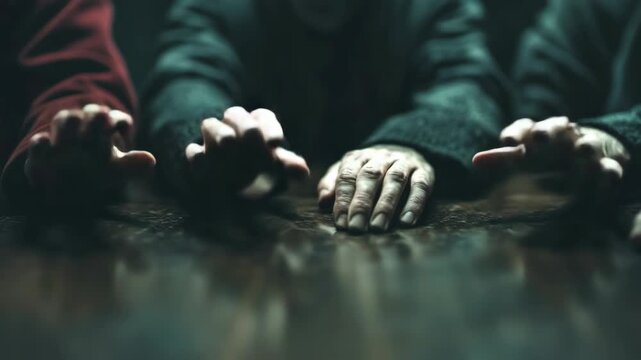 A mysterious scene with blurred figures and dim lighting.