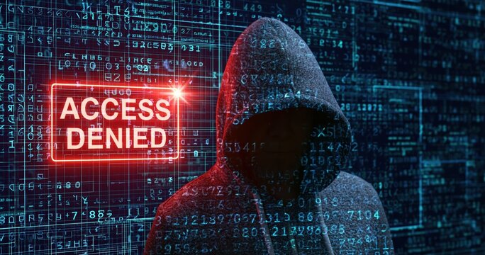 Hacker in a hoodie with digital code and a red cybersecurity access denied warning