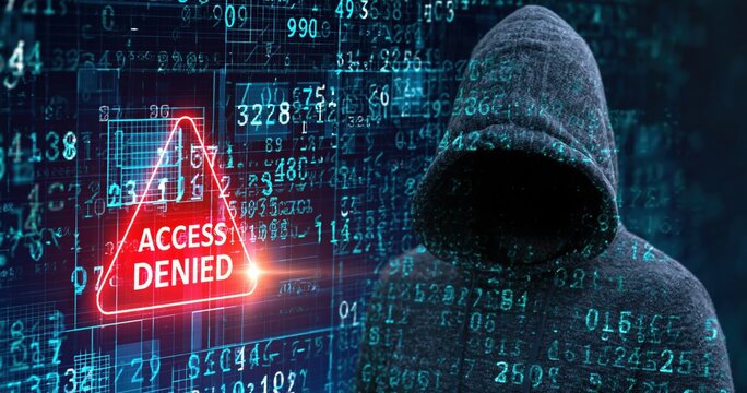 Hacker in a hoodie standing before digital cyber binary code with access denied