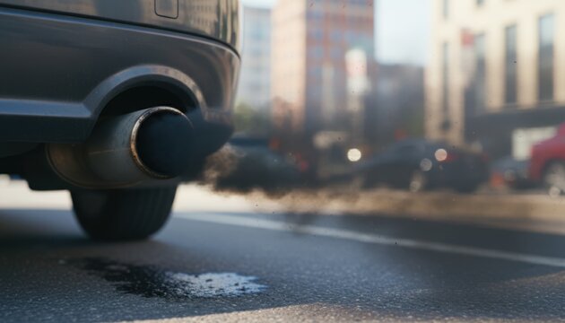 A close-up view of a car tailpipe emitting dark smoke into the air on a city street during the day.