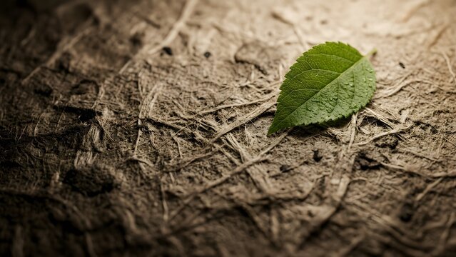 A single green leaf with water droplets rests on a textured, fibrous, earthy surface.