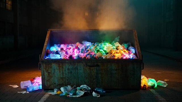 Glowing Neon Trash Dumpster Filled With Colorful Waste at Night.