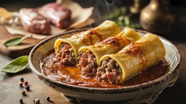 The national dish of Italian cuisine. 
Tuscan cannelloni is an Italian pasta stuffed with tender chicken liver and ham pate, baked under a rich meat sauce made from giblets.