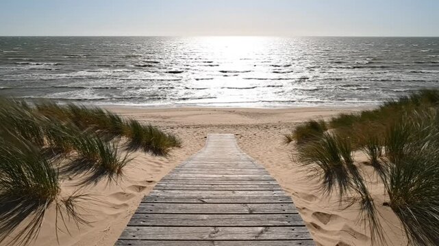 Wooden boardwalk path leading to the sandy beach and the vast ocean on a sunny day with minimal wind