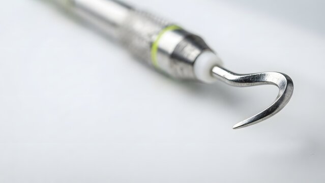 Close-up macro shot of a dental scaler tool with a hook-shaped tip, used for teeth cleaning and examination.