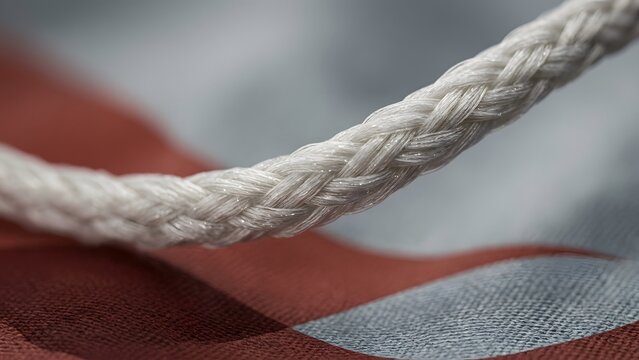 Close-up detailed macro shot of a thick white braided rope resting on a textured fabric with red and blue stripes.