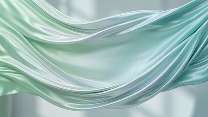 Obraz premium Flowing iridescent silk fabric with soft green and blue pastel gradient, creating elegant waves and gentle folds.
