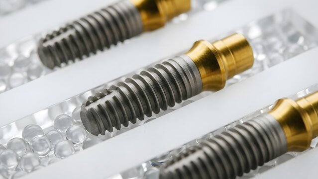 Close-up of multiple sterile dental implants in a medical packaging, with gold abutments and threaded titanium bodies surrounded by small glass beads.