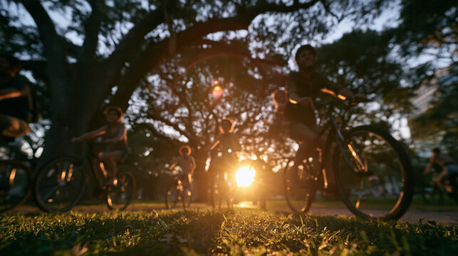 Group of Cyclists Riding Bicycles in Park at Sunset