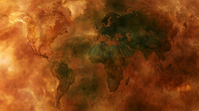 World Map Engulfed in Fire for Climate Change Concept