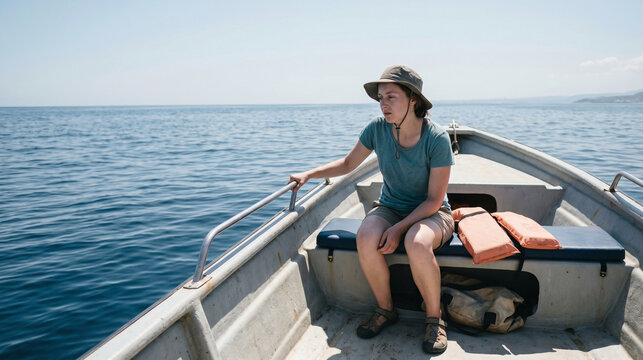 Nauseous Passenger Alone on a Small Boat in Clear Open Water