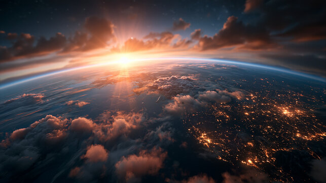 Planet Earth View from Space with Sunrise and City Lights
