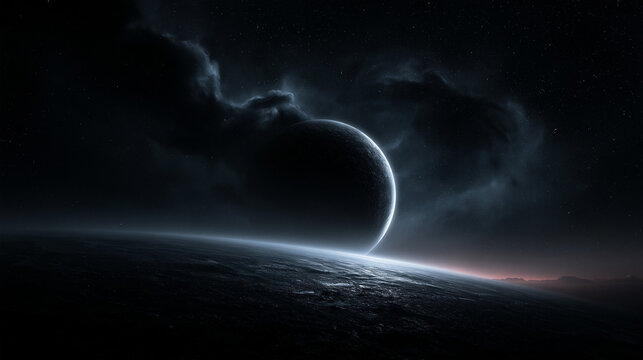 Crescent Planet Rising Over Dark Surface in Outer Space