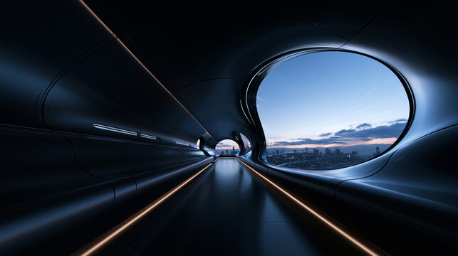 Futuristic Architecture Interior Overlooking Modern City at Dusk