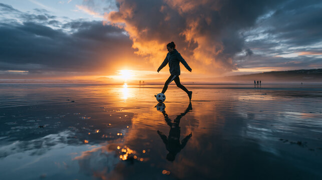 Person Playing Soccer on Beach at Sunset with Reflection