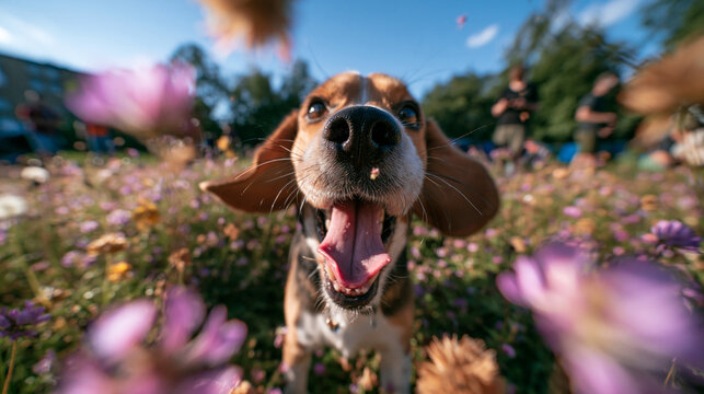 Happy Beagle Dog Playing in Flower Field