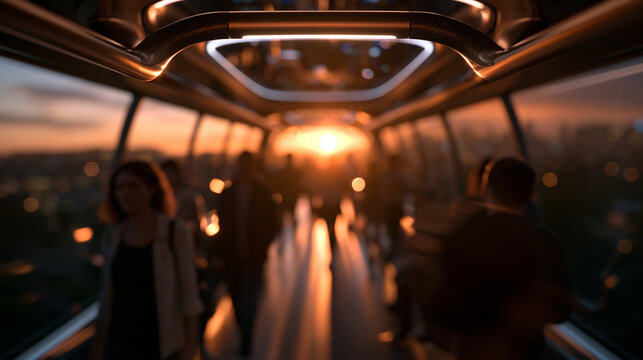 Silhouetted Commuters inside Futuristic Public Transport at Sunset