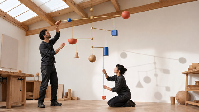 Woodworker Rebalances a Kinetic Mobile of Uneven Forms