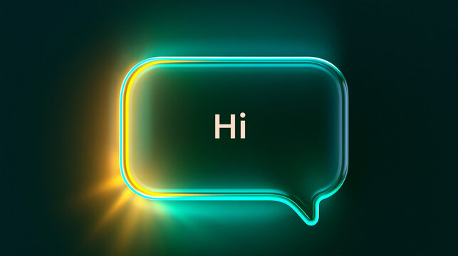 
Minimal futuristic communication concept featuring the word "Hi" centered inside an irregular glowing neon speech-bubble outline