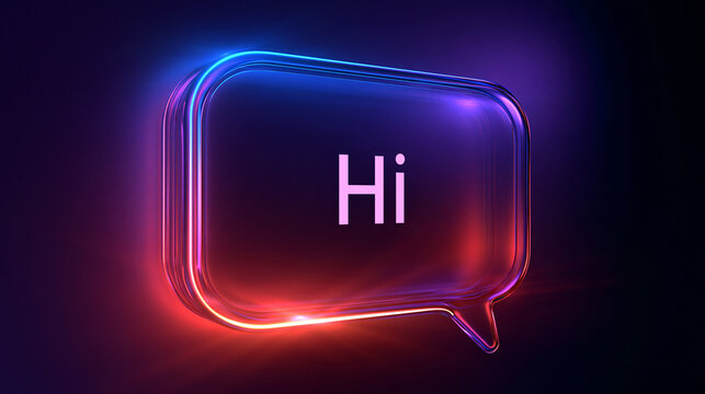 
Minimal futuristic communication concept featuring the word "Hi" centered inside an irregular glowing neon speech-bubble outline