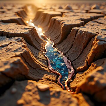 Turquoise River Flowing Through Deep Cracked Desert Canyon at Sunset