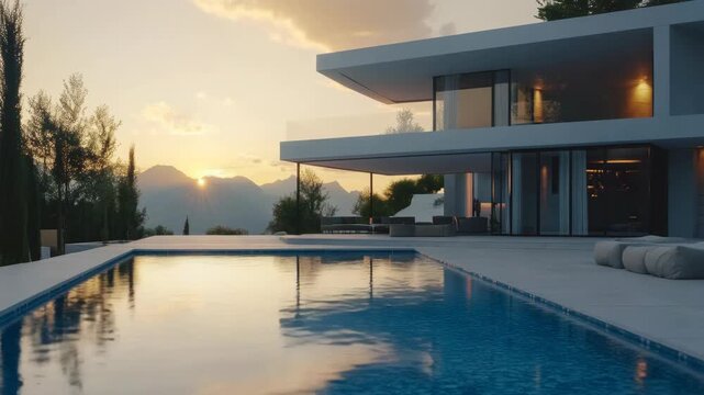 A luxurious modern house features an infinity pool and a stunning view of the sunset over mountains. The architecture is sleek and contemporary.