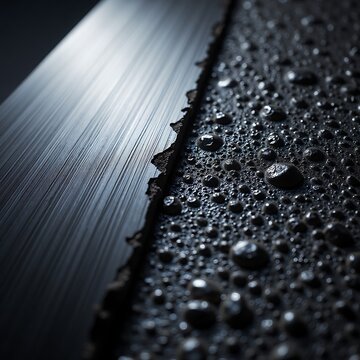 Macro Contrast Between Brushed Metal and Textured Black Surface with Droplets