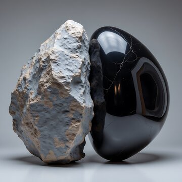 Rough Natural Stone Beside Smooth Polished Black Mineral Form