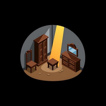 Circular Isometric Bedroom Interior Illustration with Wooden Furniture and Sunlight
