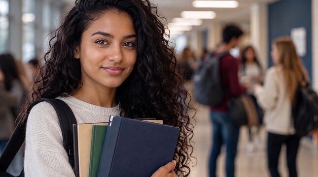 Retrato de uma jovem estudante brasileira feliz segurando livros no corredor da universidade. Fundo desfocado com alunos