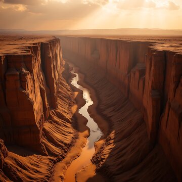 Winding River Flowing Through Deep Desert Canyon at Golden Sunset