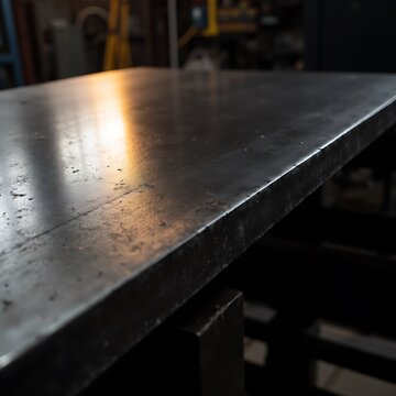 Reflective Steel Sheet Resting on Industrial Workshop Workbench