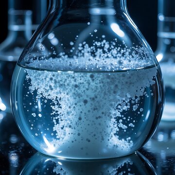 Clear Laboratory Flask Filled with Effervescent Bubbling Blue Liquid