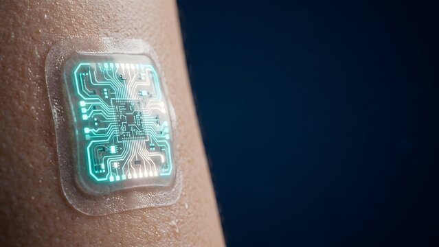 Close-up of a futuristic bio-integrated electronic circuit patch adhered to skin, glowing with cyan light, representing advanced health monitoring technology.