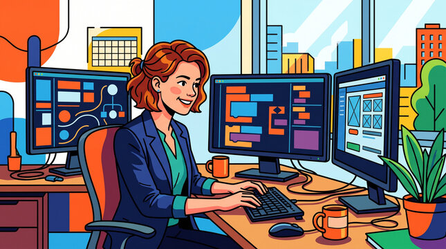Flat style illustration of a cheerful female software developer coding on multiple monitors at a modern office desk with city view