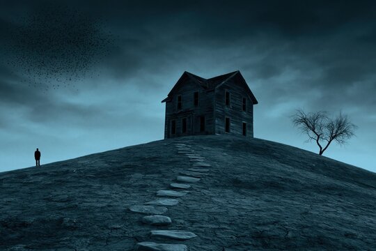 Haunted house on a lonely hill with a mysterious silhouette under a stormy night