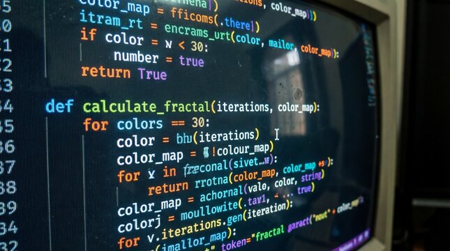 Close-up shot of a computer monitor displaying colorful code. The code appears to be a program for calculating a fractal, with functions and loops clearly visible.