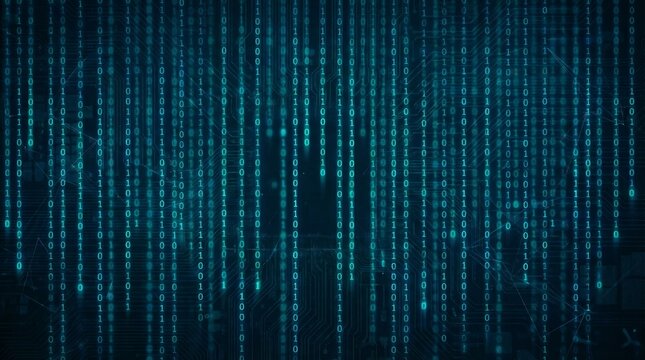 Digital rain of blue binary code cascading down against a dark, textured background. The glowing lines create an abstract, tech-inspired visual, evoking themes of data and cybersecurity