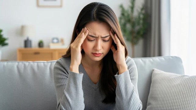 Anxious Woman with Migraine: A young woman sits on a sofa, holding her temples in distress, her face etched with the pain of a severe headache or migraine.